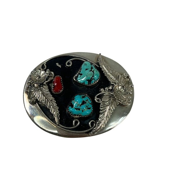 Accessories - Vintage Turquoise & Coral Belt Buckle With Floral Design 2.75" Width Genuine Mat
